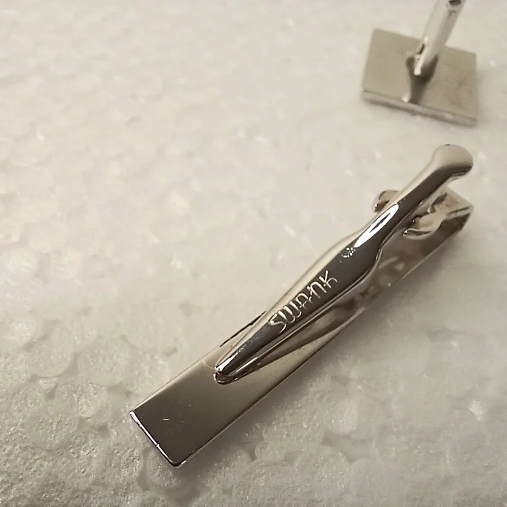 Silver Cufflinks and Tie Clip Set Vintage SWANK Sculpted Graphic Mid-Century